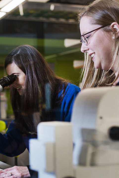faculty looking through microscopes